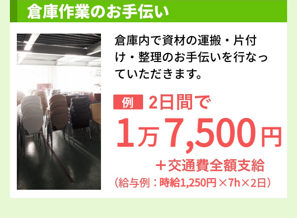 倉庫作業のお手伝い 倉庫内で資材の運搬・片付け・整理のお手伝いを行なっていただきます。 例 2日間で1万9,200円＋交通費全額支給（給与例：時給1,200円×8h×2日）